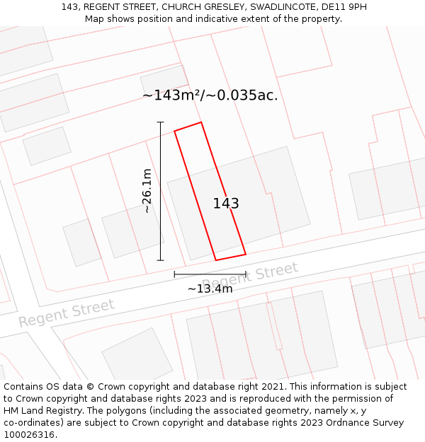 143, REGENT STREET, CHURCH GRESLEY, SWADLINCOTE, DE11 9PH: Plot and title map