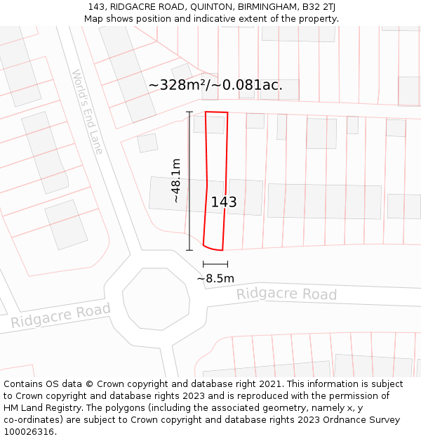 143, RIDGACRE ROAD, QUINTON, BIRMINGHAM, B32 2TJ: Plot and title map
