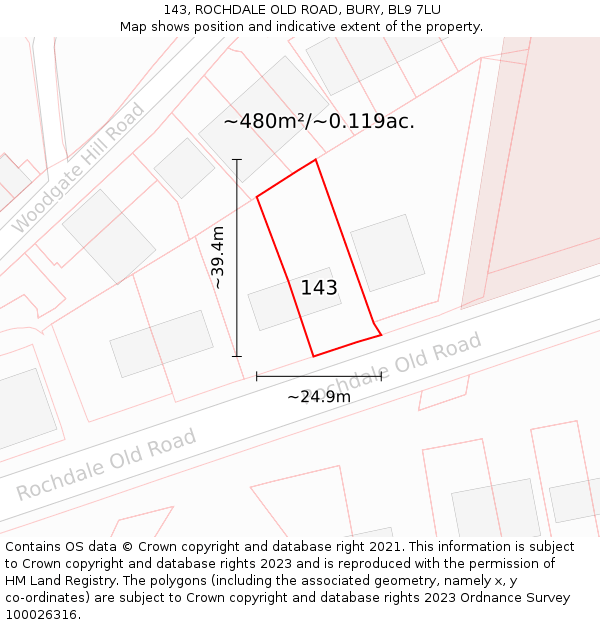 143, ROCHDALE OLD ROAD, BURY, BL9 7LU: Plot and title map