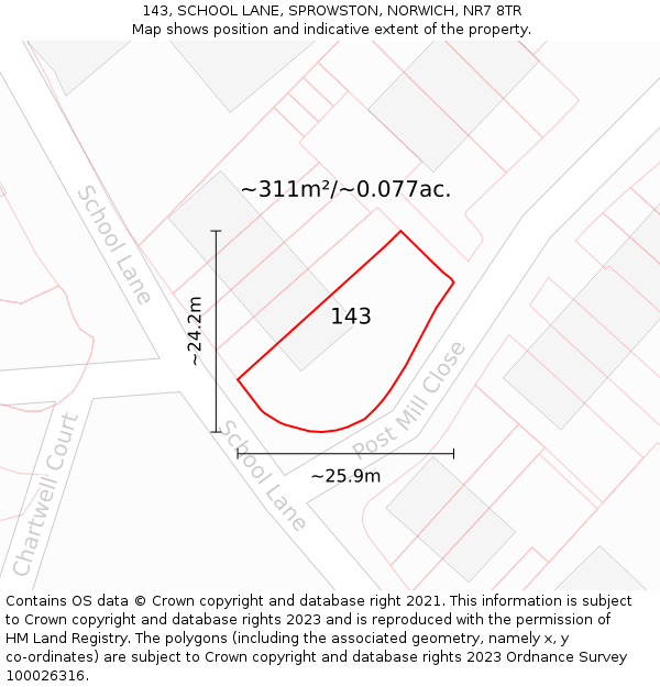 143, SCHOOL LANE, SPROWSTON, NORWICH, NR7 8TR: Plot and title map