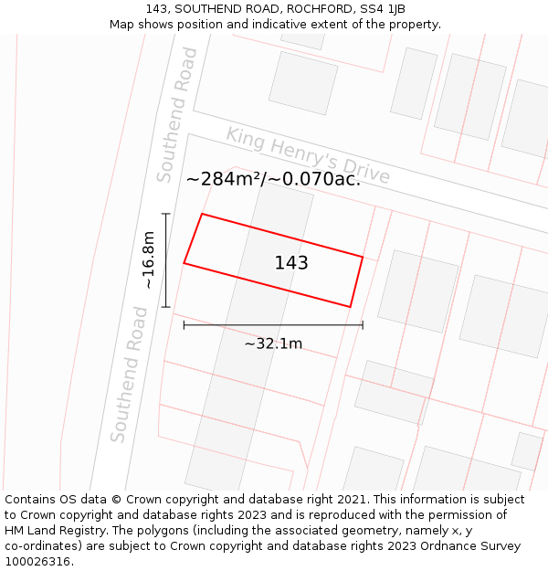 143, SOUTHEND ROAD, ROCHFORD, SS4 1JB: Plot and title map
