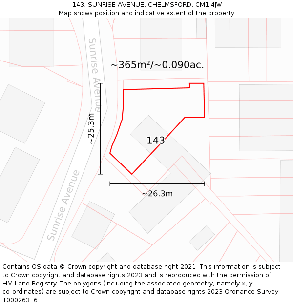 143, SUNRISE AVENUE, CHELMSFORD, CM1 4JW: Plot and title map