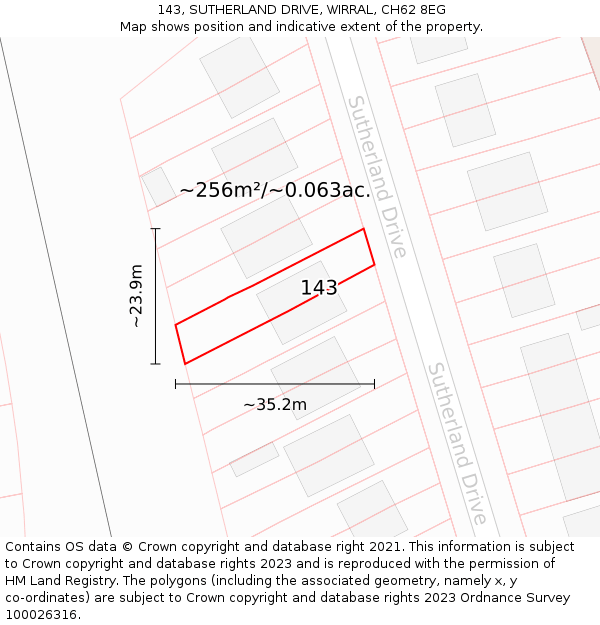 143, SUTHERLAND DRIVE, WIRRAL, CH62 8EG: Plot and title map
