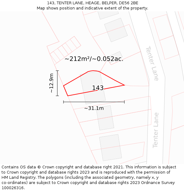 143, TENTER LANE, HEAGE, BELPER, DE56 2BE: Plot and title map