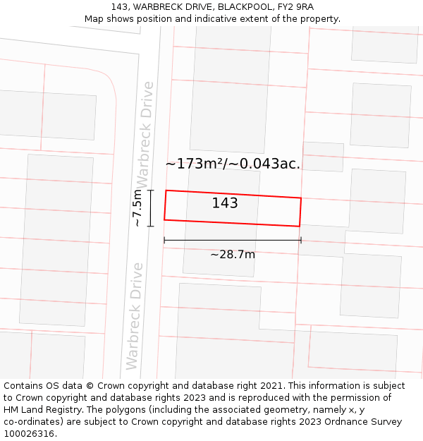 143, WARBRECK DRIVE, BLACKPOOL, FY2 9RA: Plot and title map