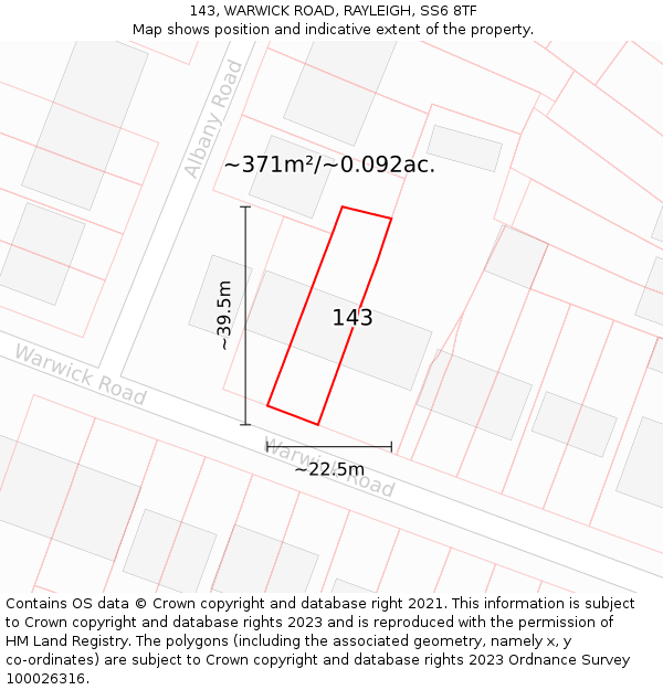 143, WARWICK ROAD, RAYLEIGH, SS6 8TF: Plot and title map