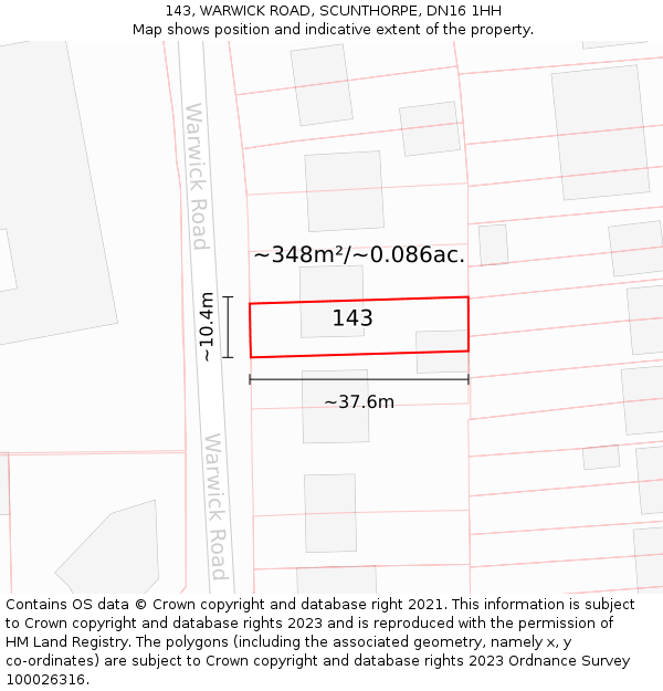 143, WARWICK ROAD, SCUNTHORPE, DN16 1HH: Plot and title map