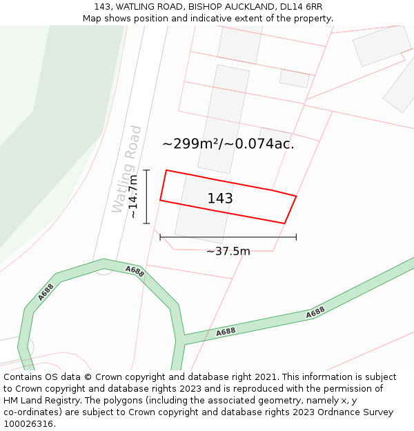 143, WATLING ROAD, BISHOP AUCKLAND, DL14 6RR: Plot and title map