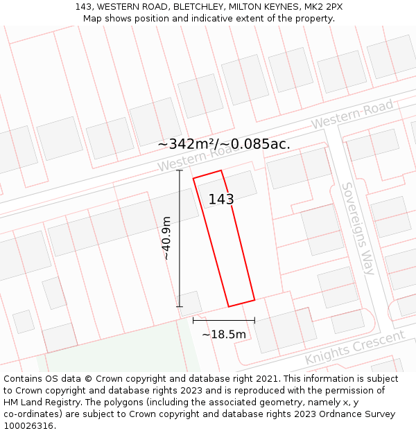 143, WESTERN ROAD, BLETCHLEY, MILTON KEYNES, MK2 2PX: Plot and title map