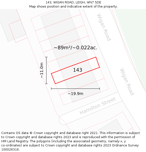 143, WIGAN ROAD, LEIGH, WN7 5DE: Plot and title map