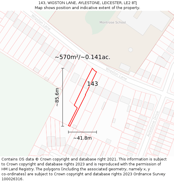 143, WIGSTON LANE, AYLESTONE, LEICESTER, LE2 8TJ: Plot and title map