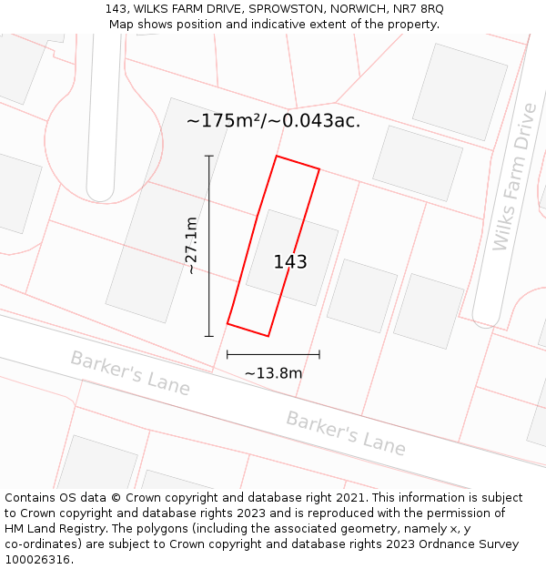 143, WILKS FARM DRIVE, SPROWSTON, NORWICH, NR7 8RQ: Plot and title map