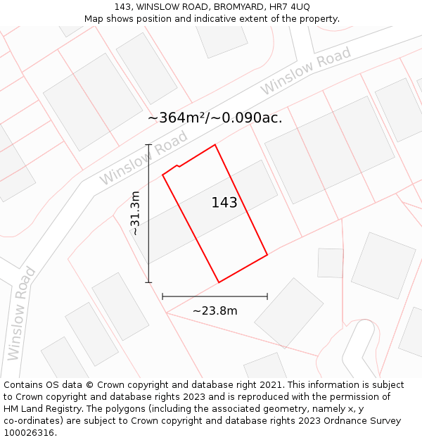 143, WINSLOW ROAD, BROMYARD, HR7 4UQ: Plot and title map