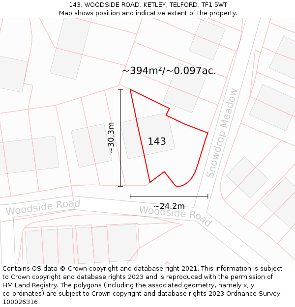 143, WOODSIDE ROAD, KETLEY, TELFORD, TF1 5WT: Plot and title map