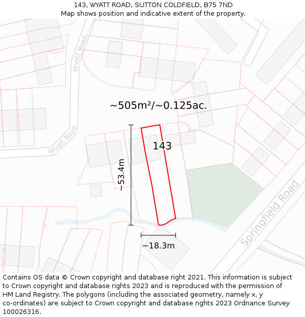 143, WYATT ROAD, SUTTON COLDFIELD, B75 7ND: Plot and title map
