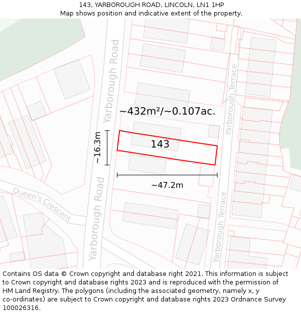 143, YARBOROUGH ROAD, LINCOLN, LN1 1HP: Plot and title map