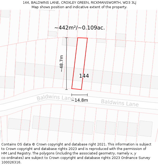 144, BALDWINS LANE, CROXLEY GREEN, RICKMANSWORTH, WD3 3LJ: Plot and title map