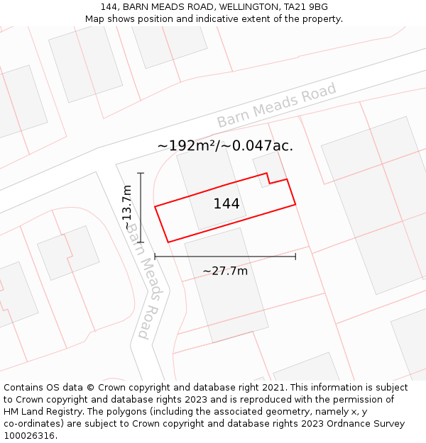 144, BARN MEADS ROAD, WELLINGTON, TA21 9BG: Plot and title map