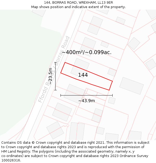 144, BORRAS ROAD, WREXHAM, LL13 9ER: Plot and title map