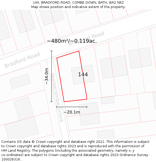 144, BRADFORD ROAD, COMBE DOWN, BATH, BA2 5BZ: Plot and title map