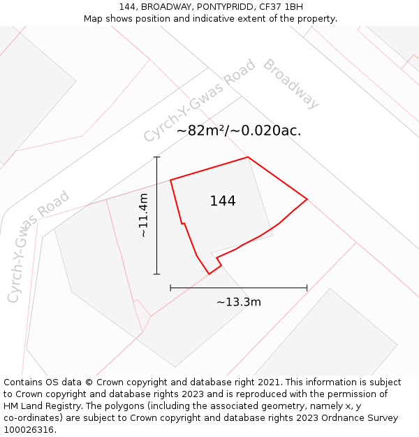 144, BROADWAY, PONTYPRIDD, CF37 1BH: Plot and title map