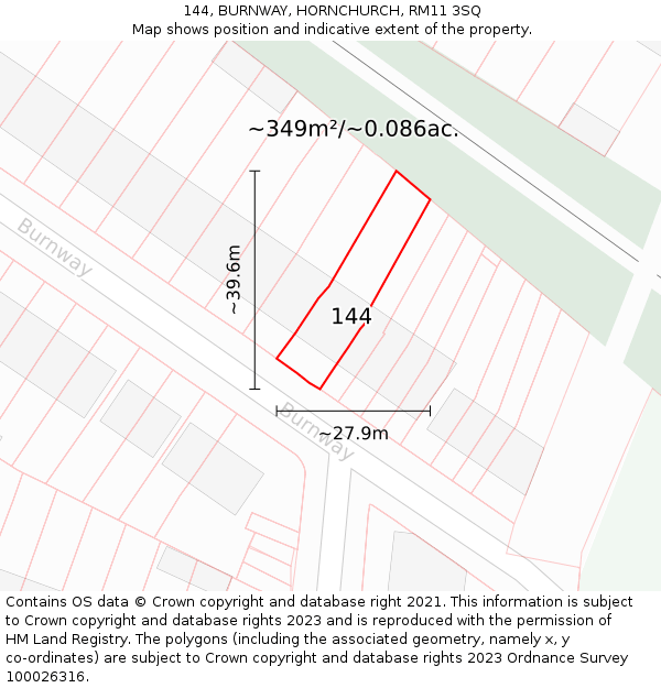 144, BURNWAY, HORNCHURCH, RM11 3SQ: Plot and title map