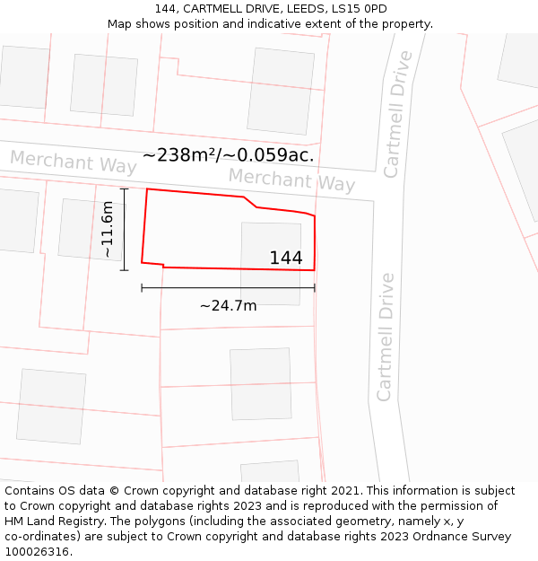 144, CARTMELL DRIVE, LEEDS, LS15 0PD: Plot and title map