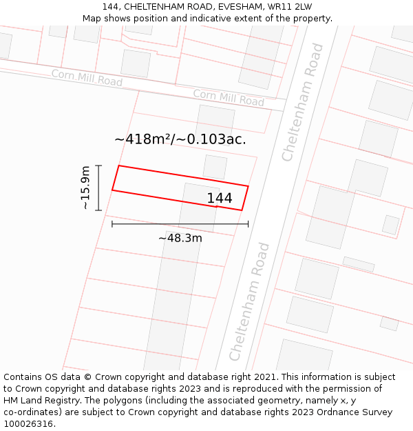144, CHELTENHAM ROAD, EVESHAM, WR11 2LW: Plot and title map