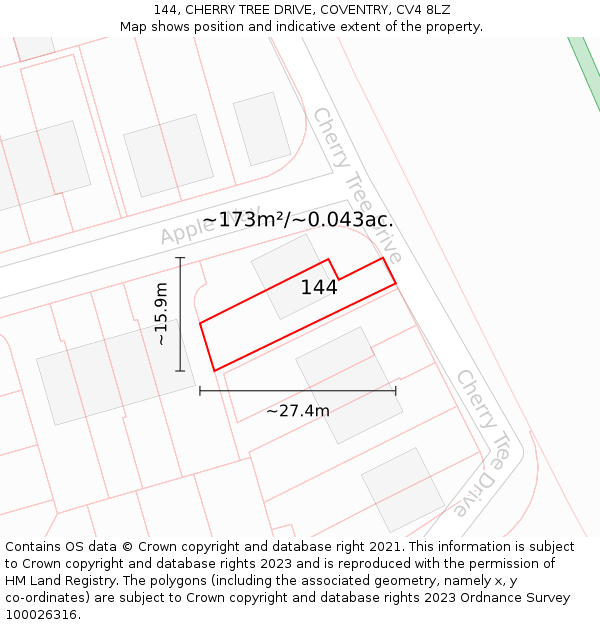 144, CHERRY TREE DRIVE, COVENTRY, CV4 8LZ: Plot and title map