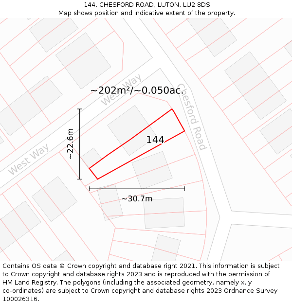144, CHESFORD ROAD, LUTON, LU2 8DS: Plot and title map