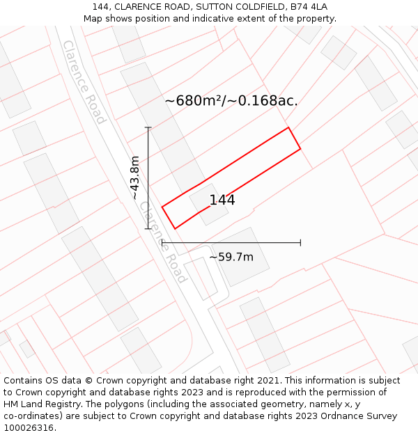 144, CLARENCE ROAD, SUTTON COLDFIELD, B74 4LA: Plot and title map