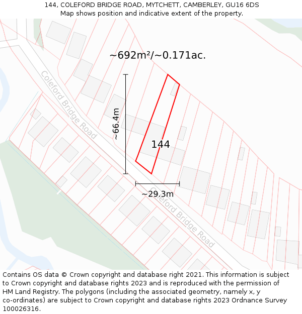144, COLEFORD BRIDGE ROAD, MYTCHETT, CAMBERLEY, GU16 6DS: Plot and title map