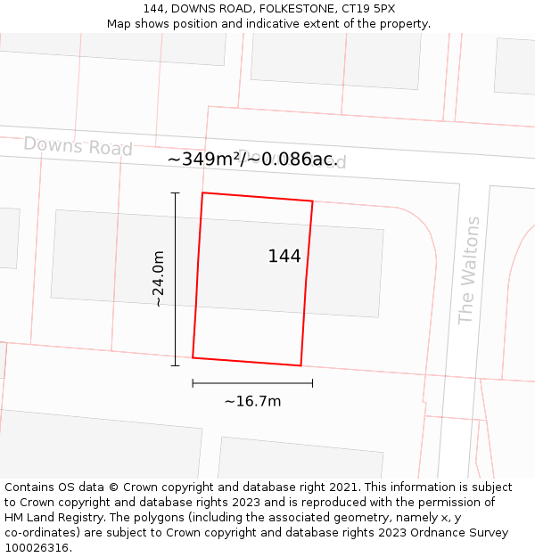 144, DOWNS ROAD, FOLKESTONE, CT19 5PX: Plot and title map