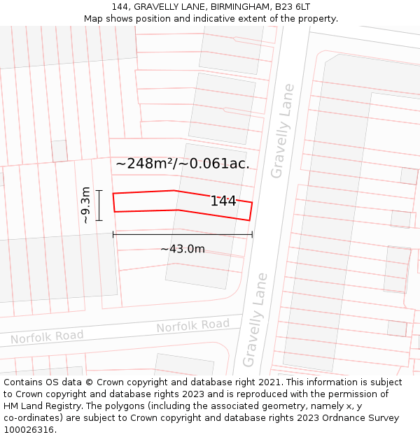 144, GRAVELLY LANE, BIRMINGHAM, B23 6LT: Plot and title map
