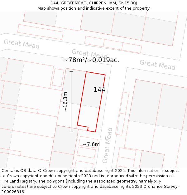 144, GREAT MEAD, CHIPPENHAM, SN15 3QJ: Plot and title map
