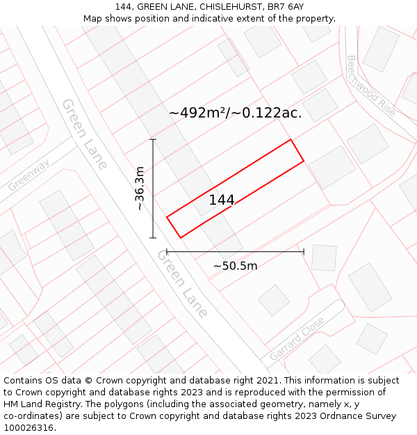 144, GREEN LANE, CHISLEHURST, BR7 6AY: Plot and title map