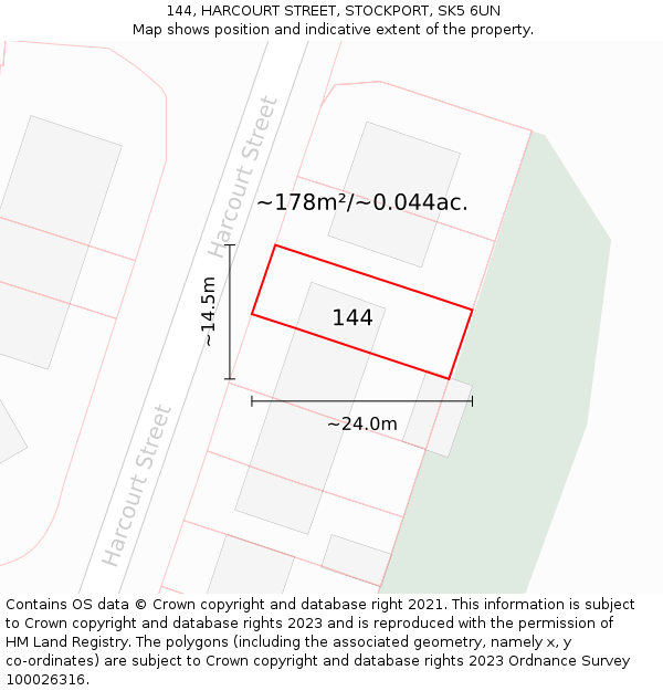 144, HARCOURT STREET, STOCKPORT, SK5 6UN: Plot and title map
