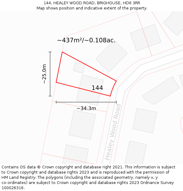 144, HEALEY WOOD ROAD, BRIGHOUSE, HD6 3RR: Plot and title map