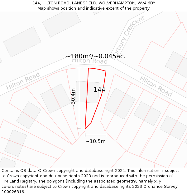144, HILTON ROAD, LANESFIELD, WOLVERHAMPTON, WV4 6BY: Plot and title map