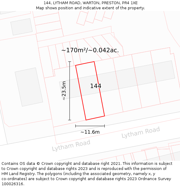 144, LYTHAM ROAD, WARTON, PRESTON, PR4 1XE: Plot and title map