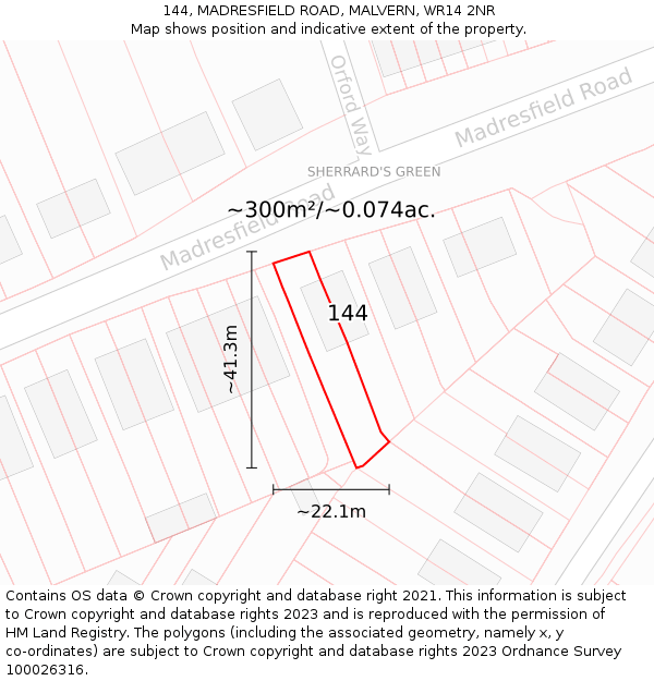 144, MADRESFIELD ROAD, MALVERN, WR14 2NR: Plot and title map