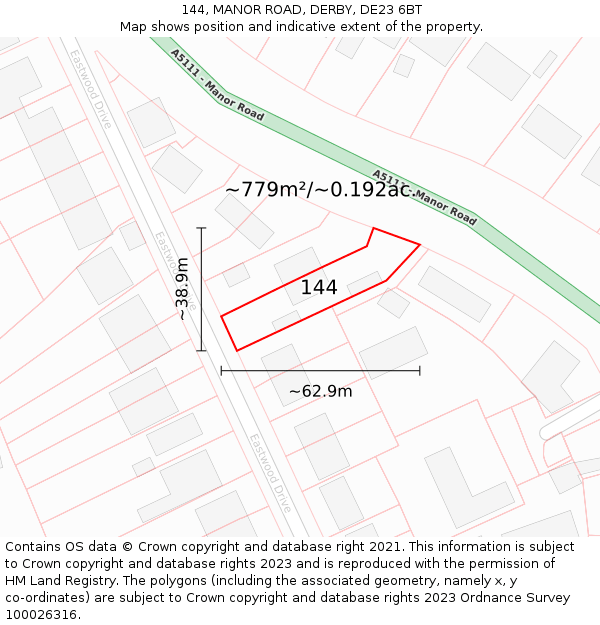 144, MANOR ROAD, DERBY, DE23 6BT: Plot and title map