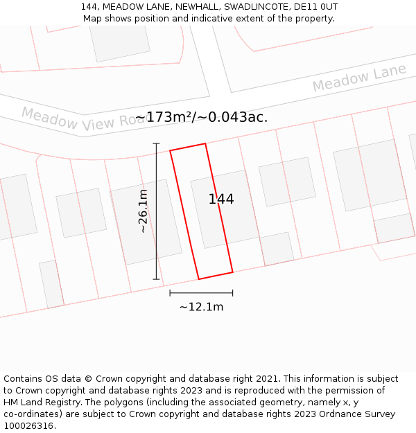 144, MEADOW LANE, NEWHALL, SWADLINCOTE, DE11 0UT: Plot and title map