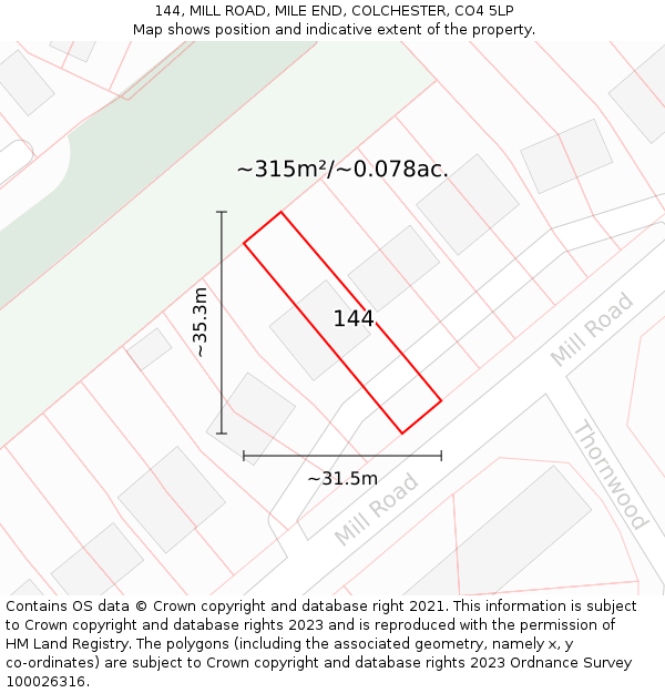 144, MILL ROAD, MILE END, COLCHESTER, CO4 5LP: Plot and title map
