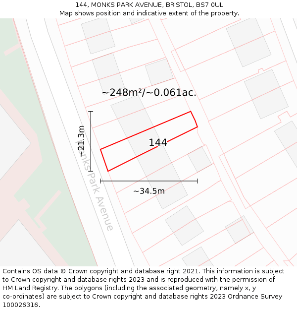 144, MONKS PARK AVENUE, BRISTOL, BS7 0UL: Plot and title map