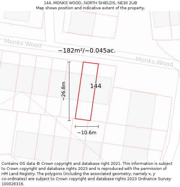 144, MONKS WOOD, NORTH SHIELDS, NE30 2UB: Plot and title map