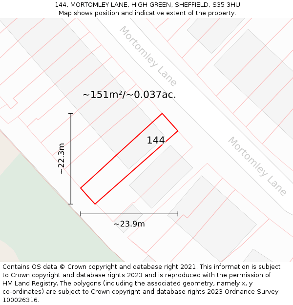 144, MORTOMLEY LANE, HIGH GREEN, SHEFFIELD, S35 3HU: Plot and title map