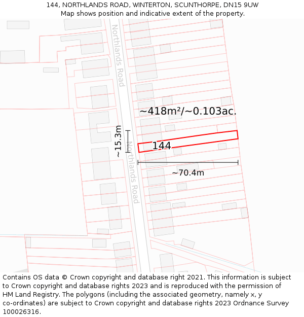 144, NORTHLANDS ROAD, WINTERTON, SCUNTHORPE, DN15 9UW: Plot and title map