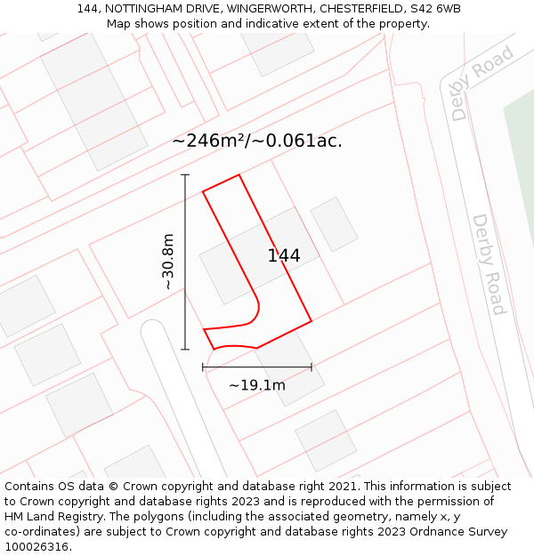 144, NOTTINGHAM DRIVE, WINGERWORTH, CHESTERFIELD, S42 6WB: Plot and title map