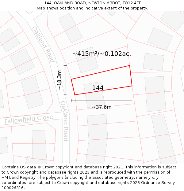 144, OAKLAND ROAD, NEWTON ABBOT, TQ12 4EF: Plot and title map